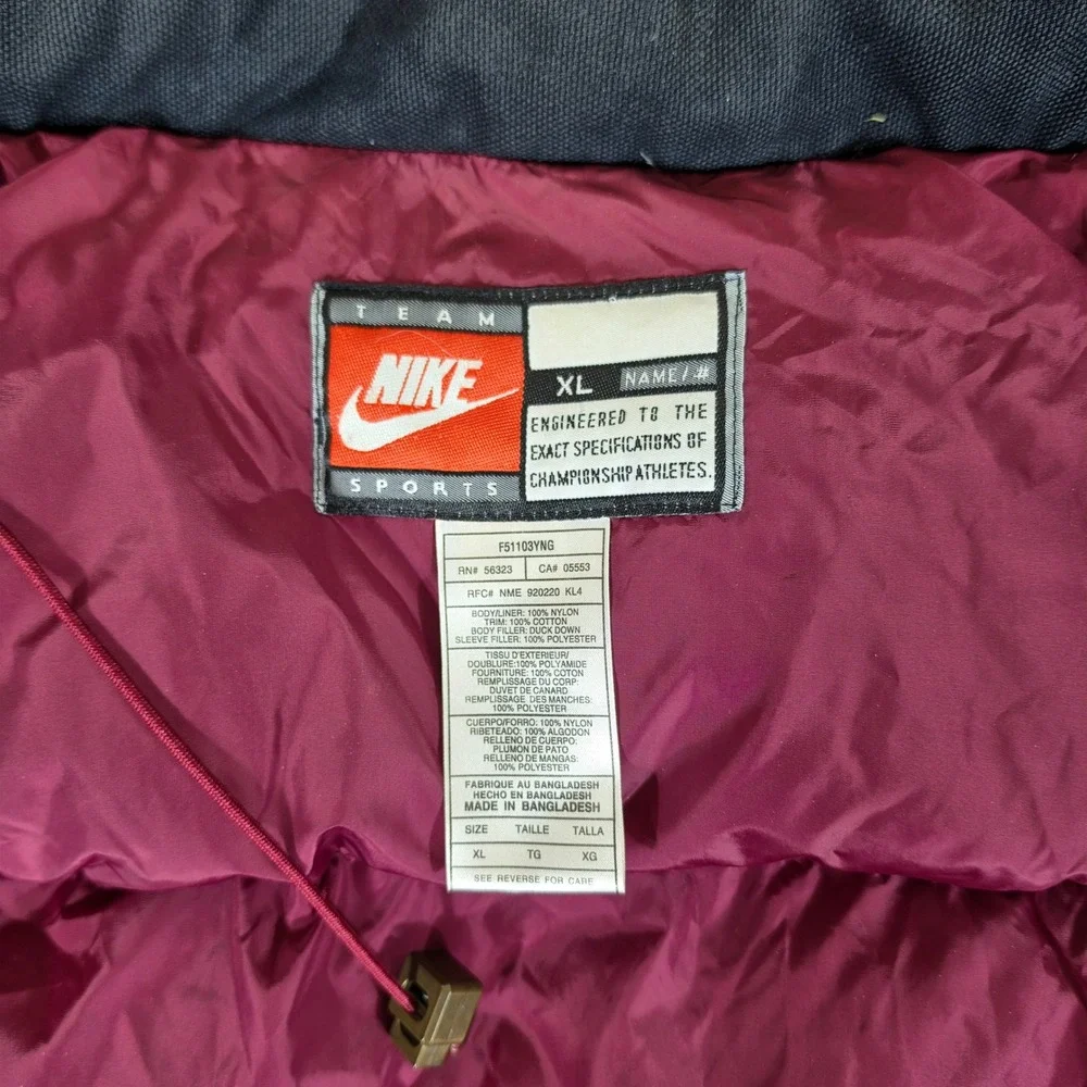 Vintage Nike Team Sports FSU Seminoles Down Puffer Jacket Maroon Mens XL Heavy